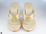 Heel type sandals for ladies in gold  with center stone in floral design - 4