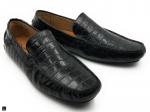 Black Croc Printed Leather Loafers - 1