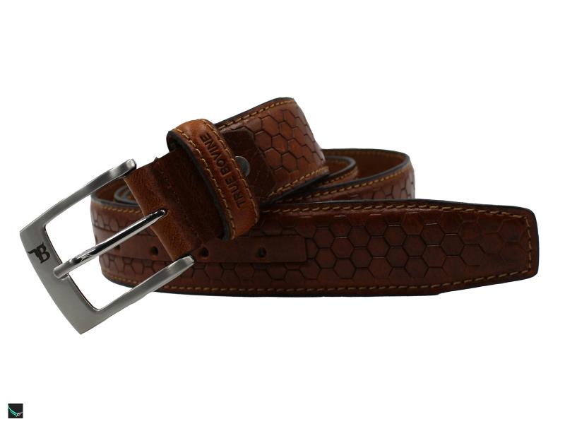 Hexagon Print Leather Belt In  Tan