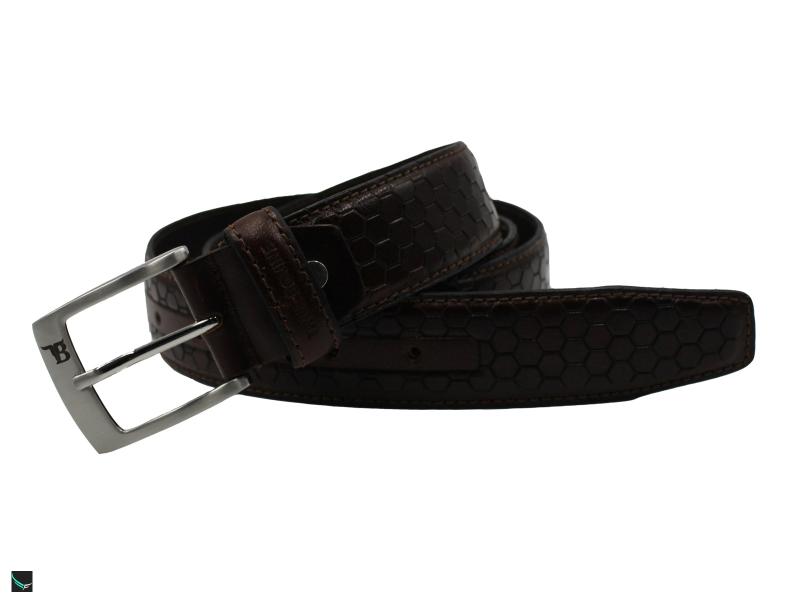 Hexagon Print Leather Belt In  Brown